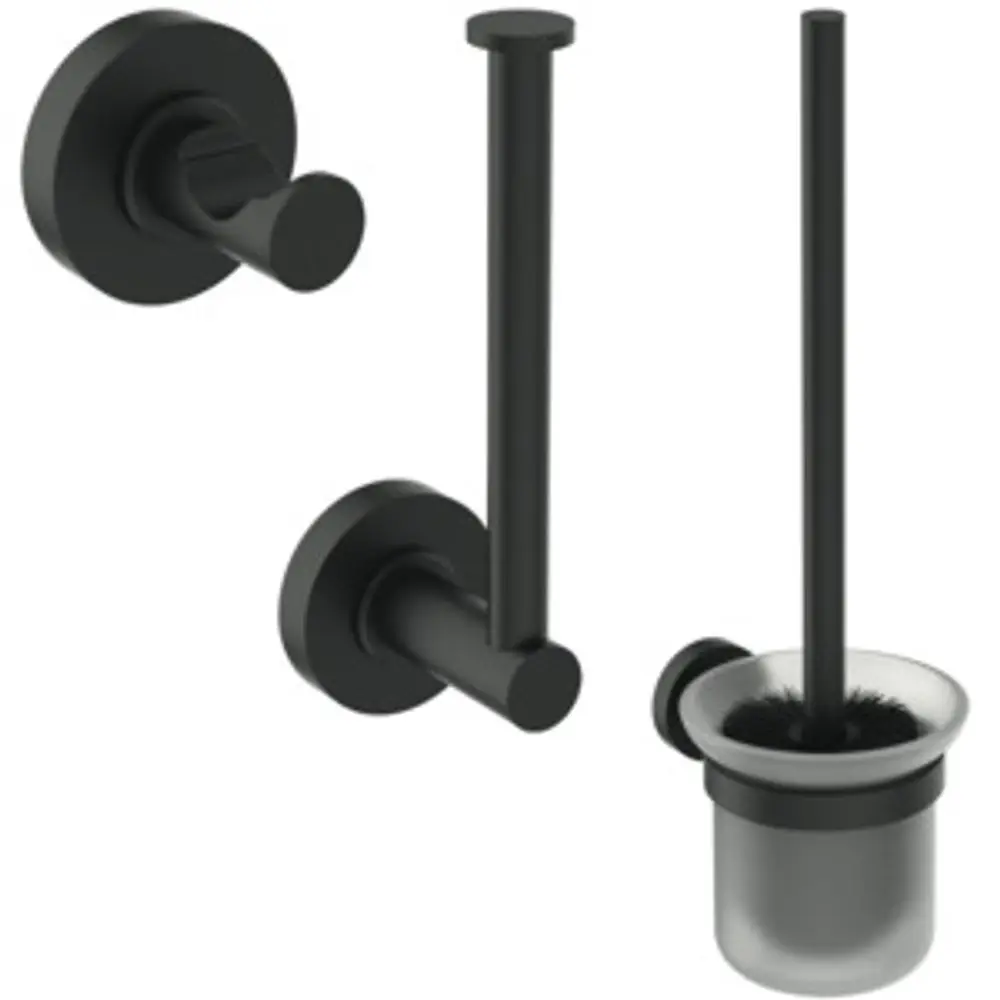 Zwei schwarze Wandhaken und ein WC-Bürstenhalter mit Halterung von Ideal Standard. Die Bürste ist in einem runden, silbernen Behälter untergebracht.